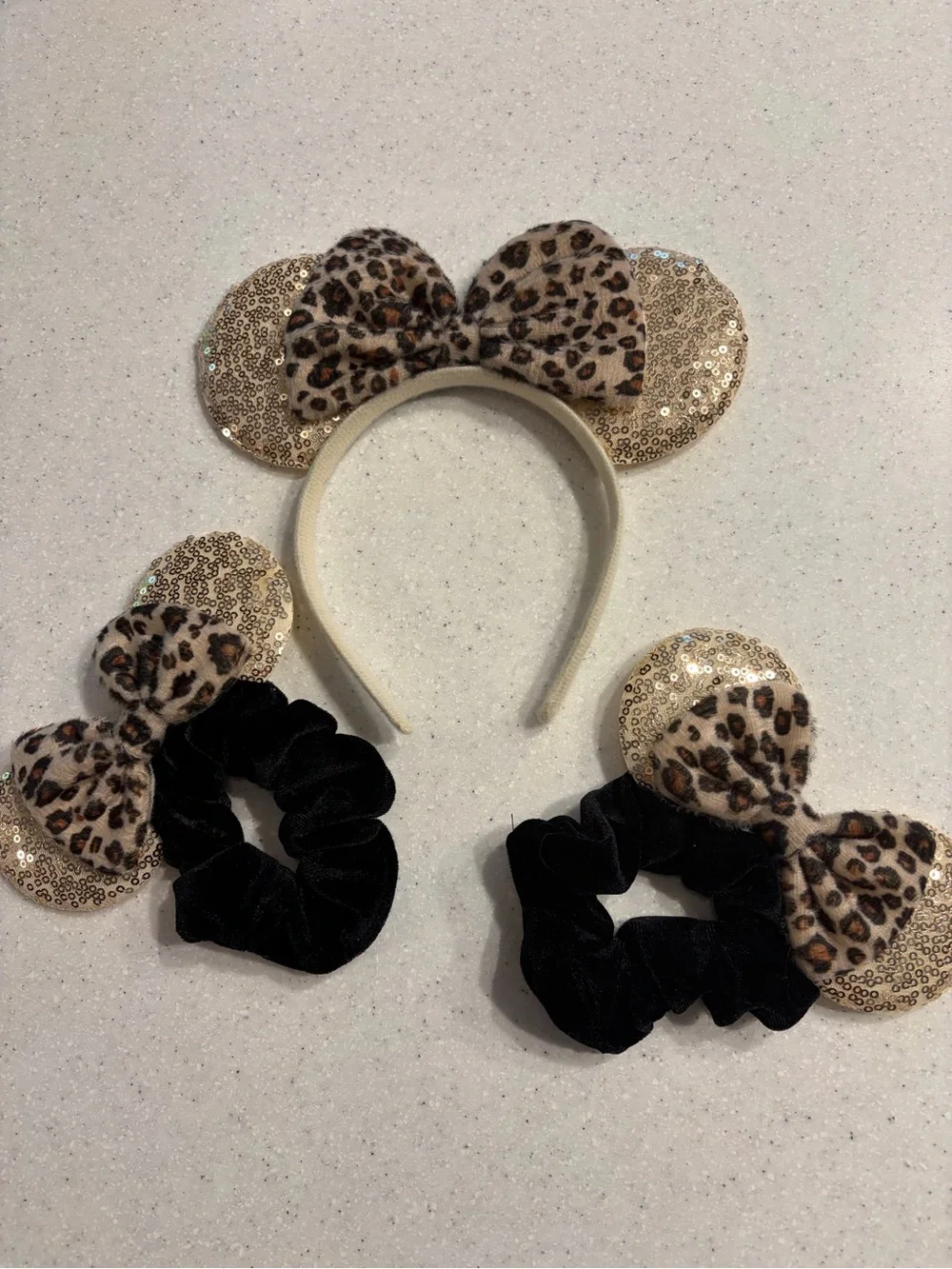 Leopard Print Sequin Minnie Mouse Ears Headband & Scrunchie Set Girl Accessories
